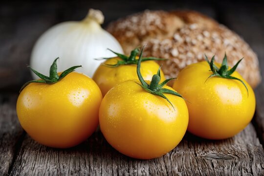 Yellow tomatoes and onion on wood, Rustic fresh vegetables composition, Organic healthy produce concept - Powered by Adobe