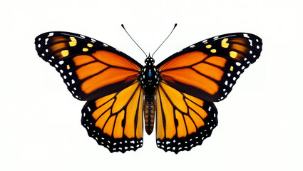 Fototapeta premium Ultra-High-Resolution Stock Photo of a Majestically Posed Monarch Butterfly with Open Wings, Displaying Vibrant Orange, Black, and White Patterns, Isolated on a Pure White Background, Ideal for Nature