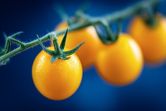 Yellow cherry tomatoes on vine, Fresh tomatoes with blue background, Organic garden produce - Powered by Adobe