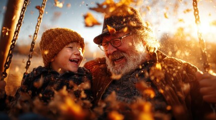 A heartwarming bond between a grandfather and grandson as they share laughter on a swing surrounded by colorful autumn leaves in a golden hour glow.