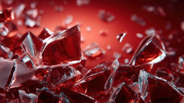 An artistic representation of shattered red glass pieces scattered against a contrasting dark background, creating a visually striking image embodying chaos and beauty.