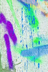 Vibrant graffiti splatter with neon blue, green, purple on concrete wall. Retro 90s style, colorful texture, artistic expression. Urban art, creative background, modern digital design, summer visuals.