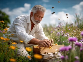 Beekeeper harvesting honeycomb from beehive in blooming meadow surrounded by bees