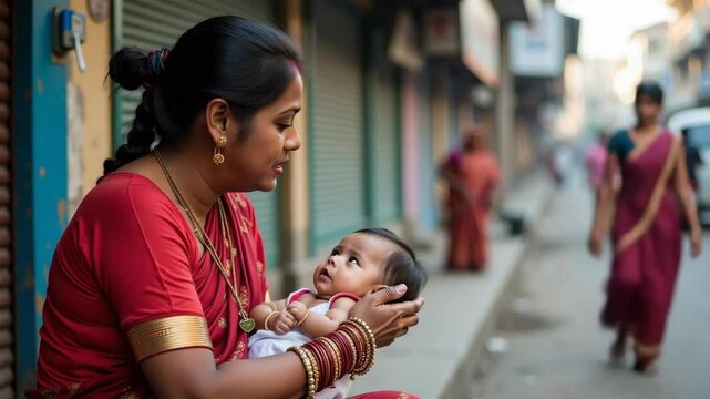 Indian woman in traditional sari holds baby in her arms, smiles at him, on street of village in India