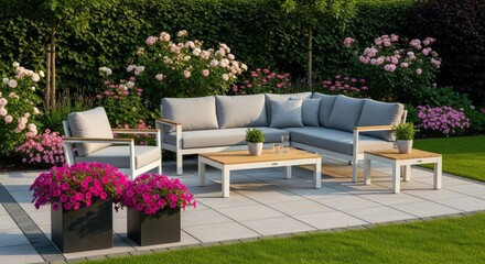 Obraz premium A spacious sectional sofa with plush cushions on a terrace, offering a view of a well-kept garden path.