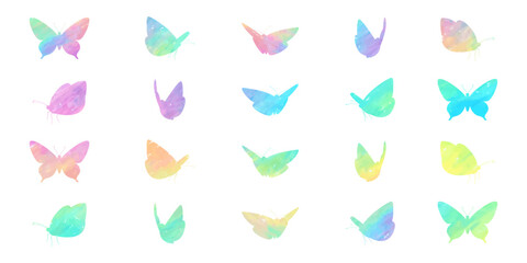 水彩、パステル風の美しい蝶々のシルエット　虹色のチョウのベクターイラスト