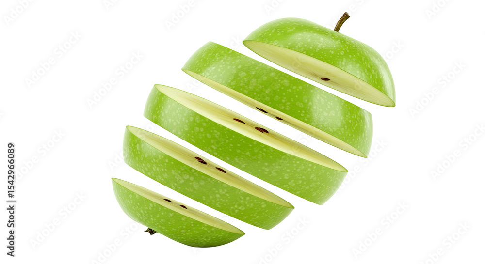 Poster Green apple sliced into multiple pieces on a black background with detailed texture