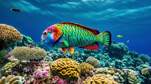 Colorful parrot fish swimming among vibrant corals in the Great Barrier Reef of Australia, Parrotfish in corals of Great Barrier Reef of Australia coast