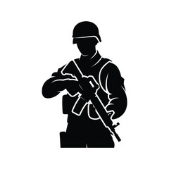 Black Silhouette Soldier Holding Rifle Helmet Vest vector