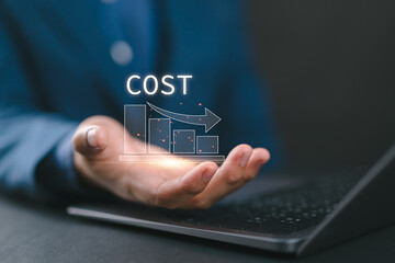 Cost reduction concept. Businessman using laptop with graph with down arrow icon for budget...