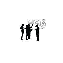 Silhouette of a group collaborating on a new product design. on white background