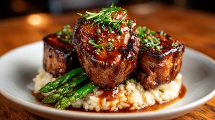 A beautifully plated dish featuring grilled meat medallions on a bed of creamy risotto and fresh asparagus, epitomizing fine dining and culinary excellence.
