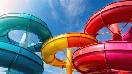 A vibrant and dynamic image featuring multiple water slides in bright colors such as blue, yellow, orange, and pink, set against a clear blue sky, evokes fun and excitement.