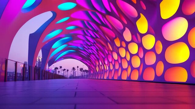 Colorful illuminated architectural structure at dusk with palm trees in the background