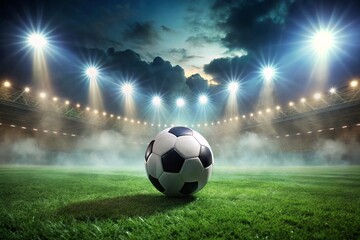 Obraz premium A soccer ball is on a field with a stadium in the background