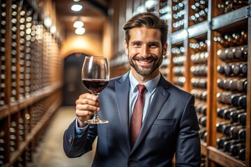 A man in a suit holding a wine glass with a smile on his face