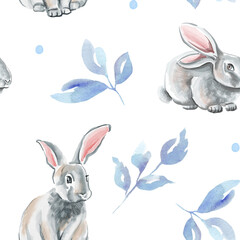 Cute bunny seamless pattern. Watercolor illustration