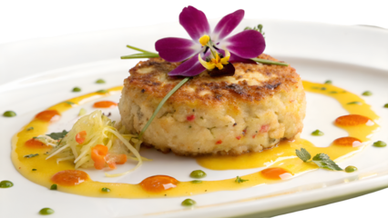 Delicious crab cake recipe gourmet food presentation with flower garnish on white plate fine dining 100 char isolated on transparent background