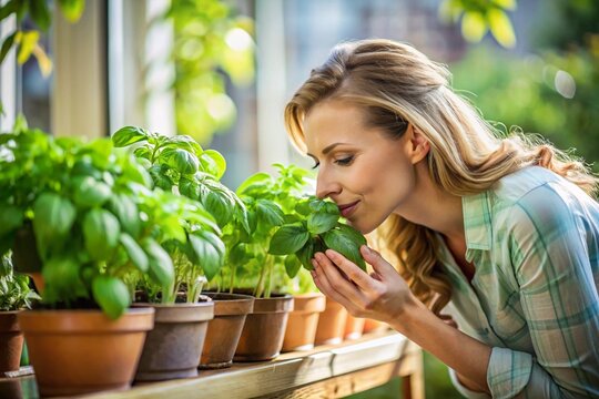 A woman is smelling a plant in a pot