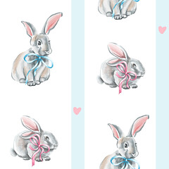 Cute bunny seamless pattern. Watercolor illustration