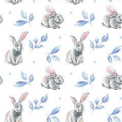 Cute bunny seamless pattern. Watercolor illustration