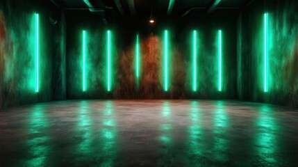 A dark, vacant space illuminated by vibrant neon lights, creating an alluring atmosphere that suggests nightlife, genre, and modern urban culture.