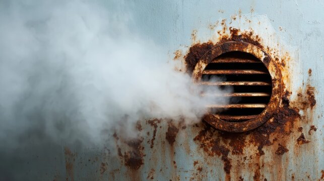 A close-up of a rusty vent on a grungy wall with smoke billowing out, creating an industrial, moody atmosphere that evokes feelings of decay and neglect.