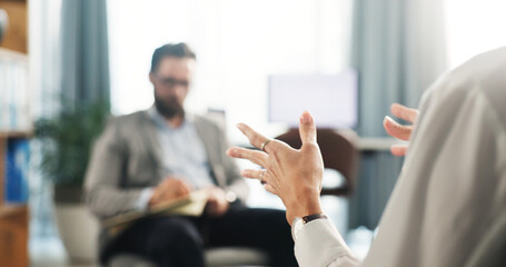 Hands, person and talk to therapist for counseling session, medical advice and assessment notes....