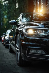 Fototapeta premium Sleek black car parked in serene setting, showcasing modern desi