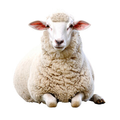 Close-up portrait of a cute white farm animal, a sheep with horns and its young lamb, grazing in a green spring field