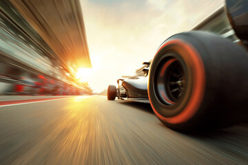 rear wheel of sports racing car formula one racing on the track close-up