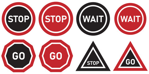 Red and Green Stop and Go Signs  Flat Style Traffic Symbol Vector Set