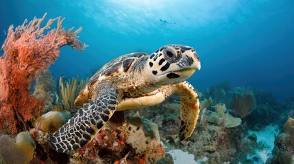 Obraz premium A beautifully captured hawksbill turtle swimming gracefully underwater among vibrant coral, showcasing the beauty of marine life and the need for ocean conservation.