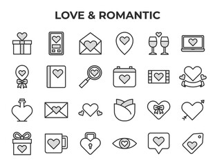 Love & Romantic Vector Icon Set - Gift box, mobile phone, email, map pin, champagne glasses, laptop, balloon, diary, magnifying glass, calendar, film strip, heart with ribbon, potion bottle, rose