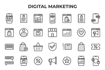 Digital Marketing Vector Icon Set - Mobile app, receipt, analytics dashboard, mobile analytics, document, notification, online shop, user, package, storefront, bar chart, badge, barcode - Editable
