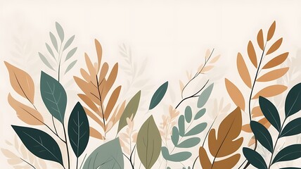 Abstract botanical flat design poster, simplified leaves and branches, earthy tones, white margin around central focus for text