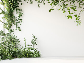 a frame of green plants on a white wall background