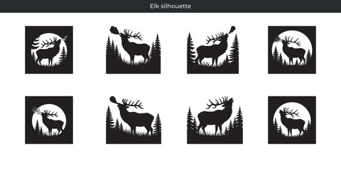 Elegant black and white elk silhouettes showcasing majestic elk in natural forest scenes