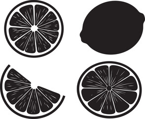 Versatile Lime Silhouette Fruit Set Vector Illustrations of Whole, Sliced, and Half-Cut Limes - Perfect for Design Projects