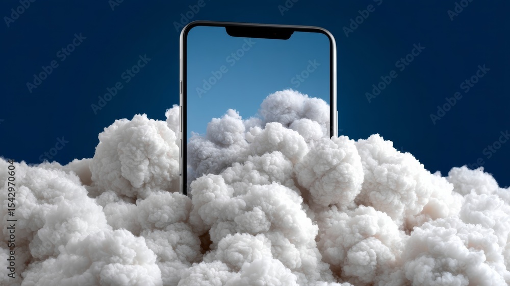 Poster cell phone is sitting on top of a pile of white clouds. concept of whimsy and playfulness, as the ph