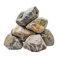 Rocks piled together on a bright Transparent background showcasing various textures and colors, rocks isolated on PNG background