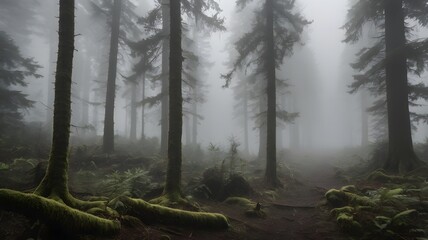 Obraz premium Misty Forest with Tall Pine Trees and Moss Covered Ground in Atmospheric Natural Setting