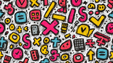 Addition, subtraction, multiplication, and division are all represented by this lively and entertaining set of hand-drawn math symbols. Ideal for amusing designs, posters, and instructional materials.