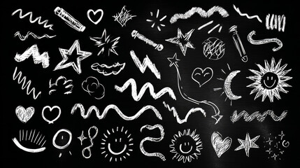 Pack of Doodle Marker Elements. Sparkles, grins, the sun, moon, stars, hearts, arrows, highlights, and animated hand-drawn lines and scribbles are all included. Black background with white design 