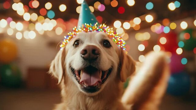International dog day. A happy golden retriever wearing a party hat smiles with colorful festive lights and balloons in the background.