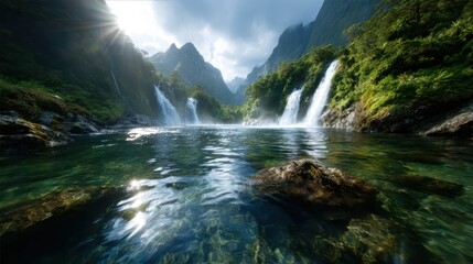 Fototapeta premium An awe-inspiring natural scene featuring majestic waterfalls spilling into a calm river, surrounded by verdant mountains and lush vegetation, capturing the beauty of nature.