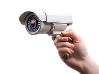 a hand holds surveillance cameras on a transparent background