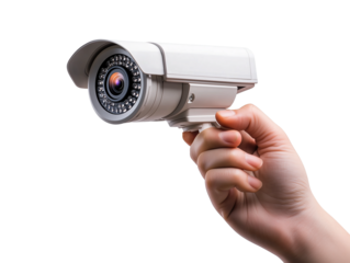a hand holds surveillance cameras on a transparent background