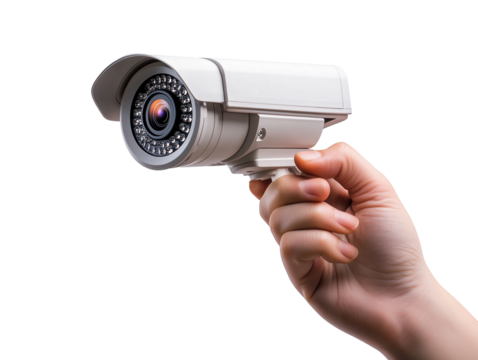 a hand holds surveillance cameras on a transparent background