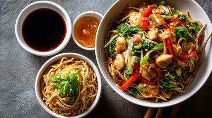 A vibrant and appetizing display of Asian cuisine, featuring perfectly cooked noodles and colorful vegetables, accompanied by flavorful sauces and garnished tastefully.
